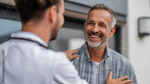 A smiling mature man receives positive news and reassurance from his caring doctor during a check-up, fostering a sense of trust and well-being.