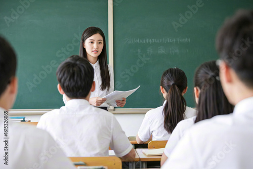 Young beautiful female teacher teaching students in the classroom