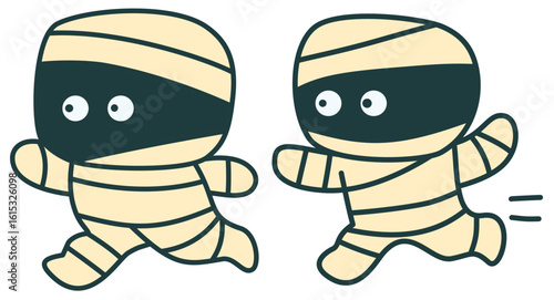 Two cute mini mummies with big eyes are running happily, creating playful and adorable Halloween scene that is perfect for festive decorations
