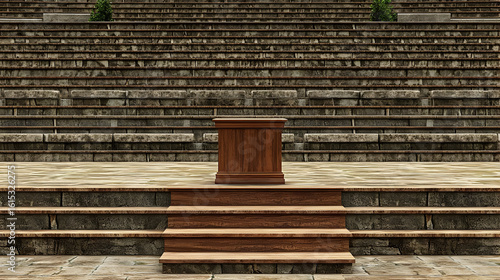 Wooden podium on steps in an ancient amphitheater.  Stone tiers rise behind a simple wooden podium