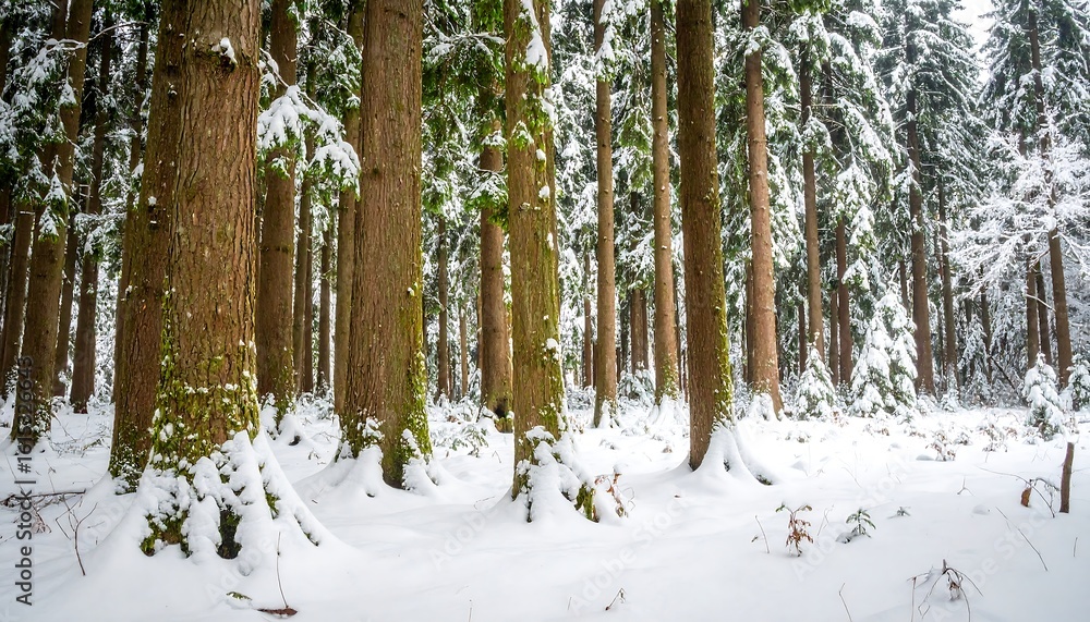 Fototapeta premium Serene winter landscape capturing a snow-covered forest with dense tree trunks