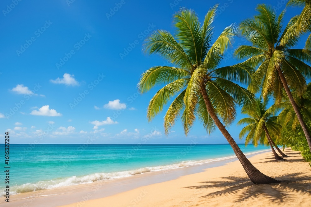 Obraz premium Idyllic Beach Scene Palm Trees, Turquoise Waters, and Golden Sands in Tropical Paradise