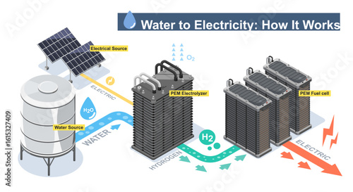 Hydrogen energy diagram showing water-to-electricity conversion using solar powered PEM electrolyzer and fuel cell system