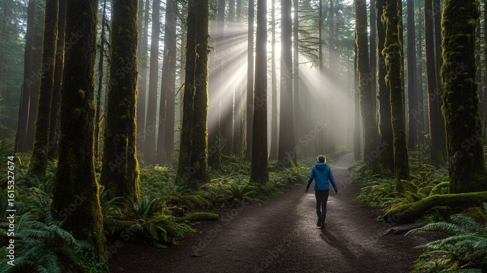 Obraz premium An individual strolling through a dense forest full of tall trees and vibrant greenery all around