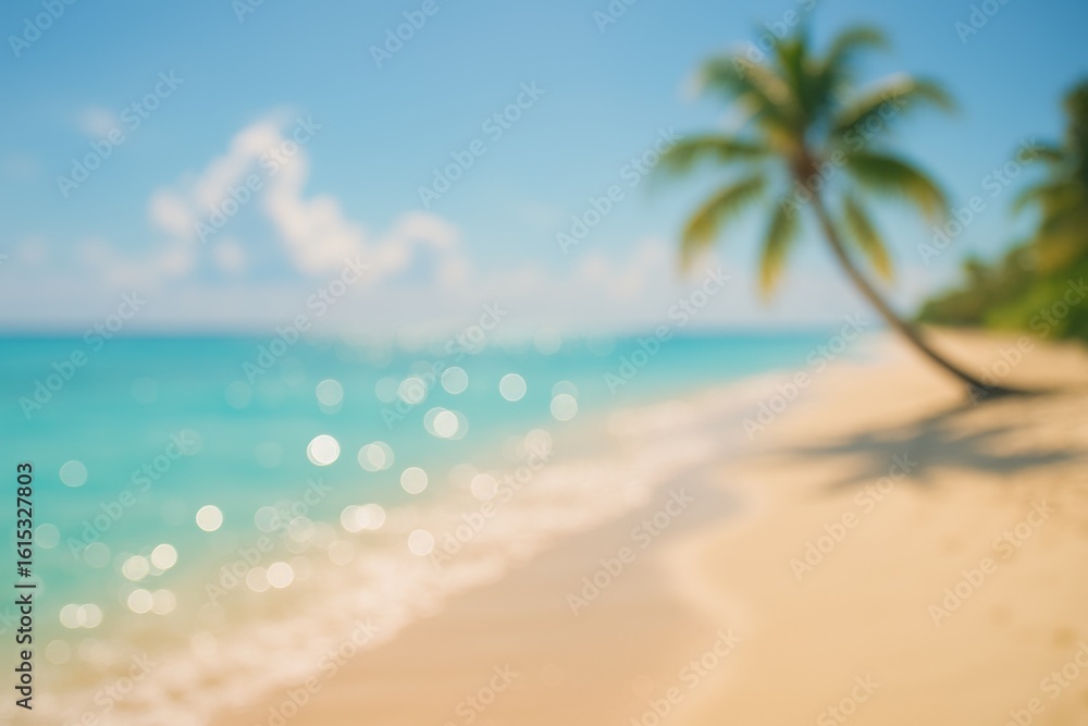 Fototapeta premium Serene Tropical Beach Escape Turquoise Water, Palm Trees, and Sandy Shore for Relaxation and Vacation Bliss