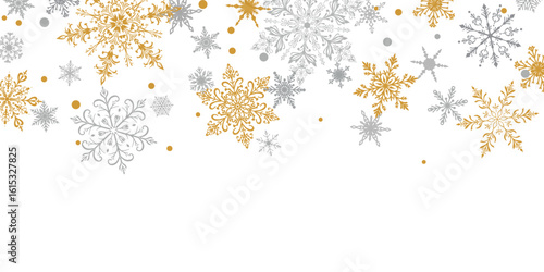 Christmas illustration featuring intricate falling snowflakes of varying sizes and designs arranged on top, gray and brown on white background.