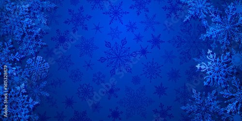Christmas illustration in blue tones featuring intricate snowflakes of varying designs placed on the sides, left and right, with barely noticeable silhouettes of snowflakes in the background.