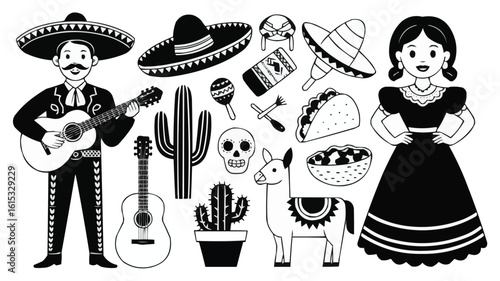 Black and White Festive Mexican Culture Illustration with Mariachi, Sombrero, and Folklorico Dancer