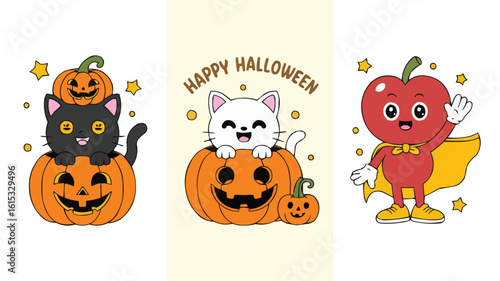 Cartoon Cats in Pumpkins and Waving Apple Superhero Illustration for Happy Halloween Celebration