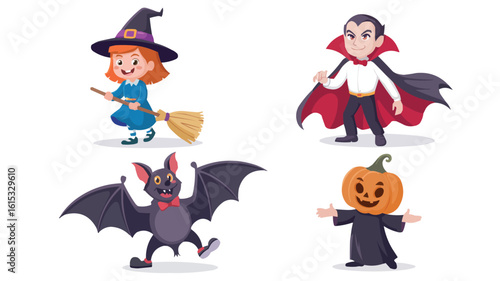 Cartoon Halloween Characters Witch, Vampire, Bat, and Pumpkin Head in Costume Posing Together