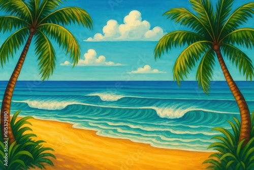 Vibrant tropical beach illustration with lush palm trees framing a serene coastline under a bright blue sky and gentle ocean waves, evoking a peaceful summer escape