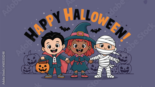 Cartoon Kids in Halloween Costumes Vampire, Witch, and Mummy Wishing Happy Halloween