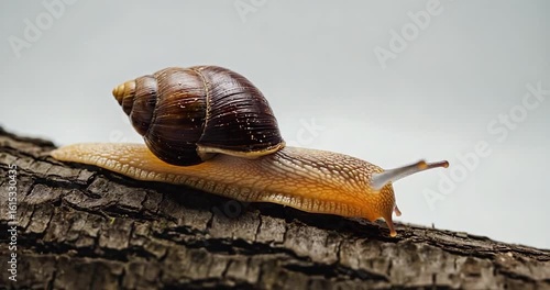 Snail on tree branch closeup