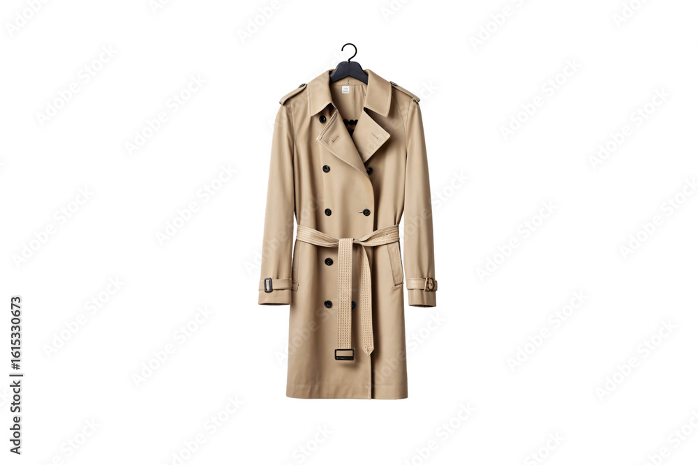 Naklejka premium Sophisticated khaki trench coat with woven belt and classic styling hanging on black hanger, isolated on a transparent background