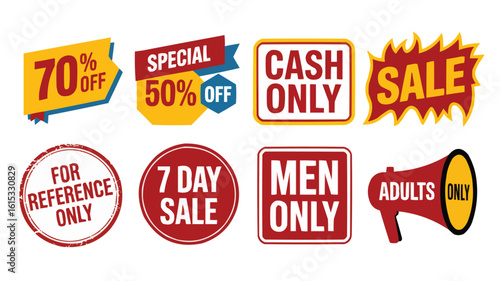 Collection of Promotion Stickers with Sales, Cash Only, Reference Only, Men Only, and Adults Only