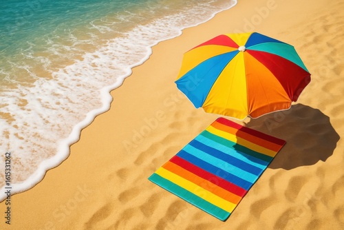Sunny beach scene with colorful umbrella and striped towel on golden sand with ocean waves