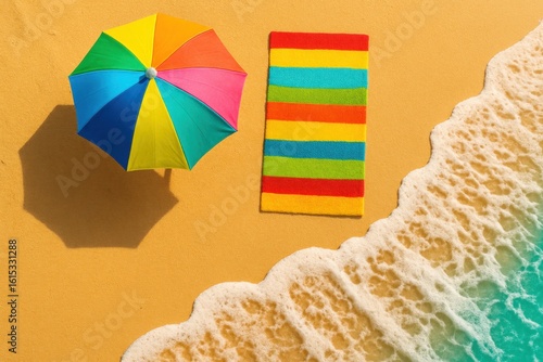 Vibrant beach umbrella and striped towel casting shadows on golden sand beside turquoise ocean waves