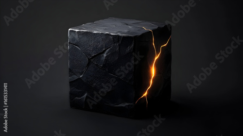 A dark, rough-textured cube of stone, revealing a glowing fissure within