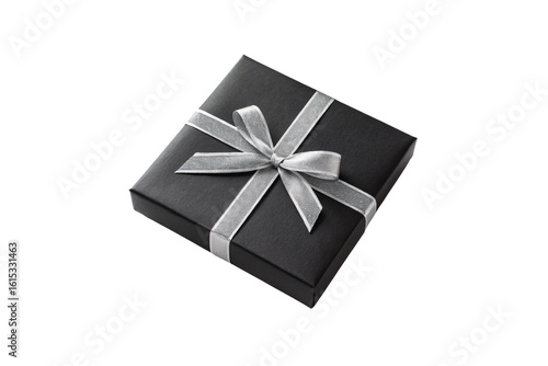 Sleek black gift box featuring silver ribbon with artistic bow presentation and premium styling, isolated on a transparent background