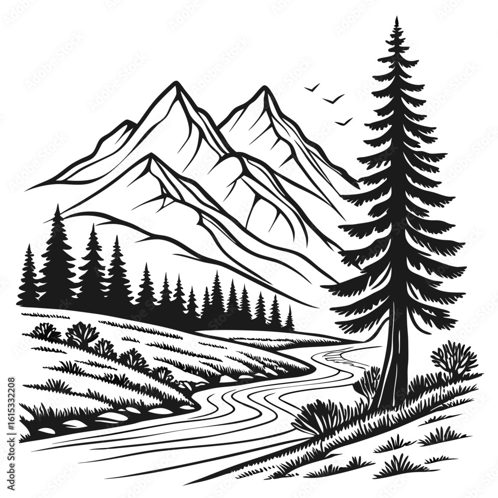 Fototapeta premium Mountain landscape with river pine trees and birds outdoor nature scenery black and white illustration drawing