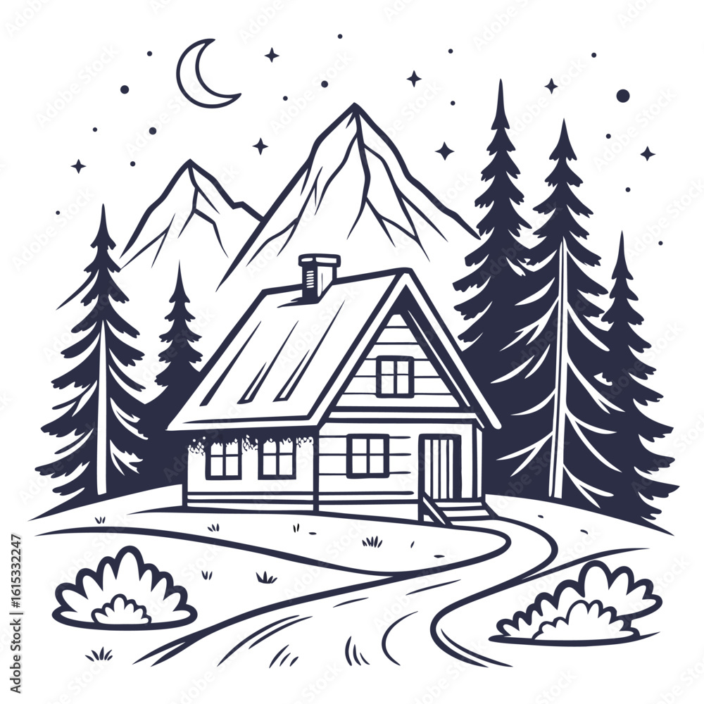 Obraz premium Cozy Cabin in the Woods Night Scene with Mountains Pine Trees Moon and Stars Rustic Landscape Illustration