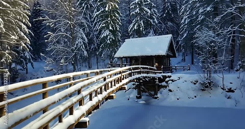 Snowy bridge to cabin in winter forest