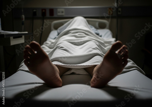 Low Light Hospital Room with Covered Corpse on Bed