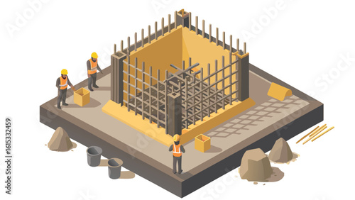 Isometric view of construction site with workers and reinforced concrete foundation work shown