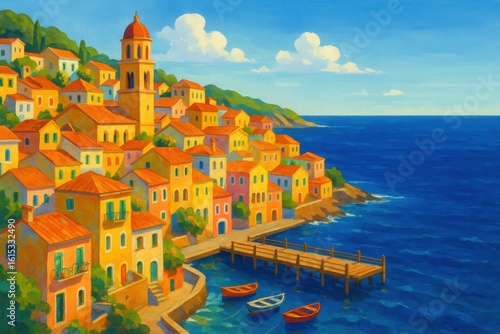 Coastal Village, Sunny Day, Mediterranean Charm Vibrant Houses by the Sea