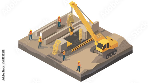 Isometric construction site scene with crane, workers, and concrete blocks being lifted and placed