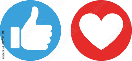 Blue Thumbs Up and Red Heart in Circles on a White Background, Love and Like