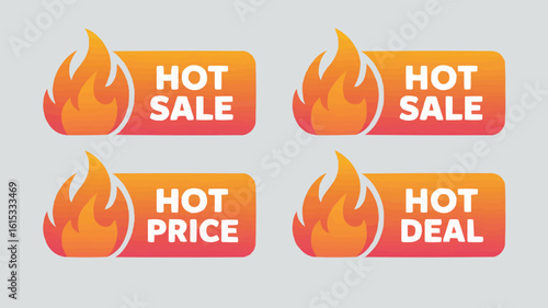 Four Fiery Sale Labels Hot Sale, Hot Price, and Hot Deal Marketing Badges