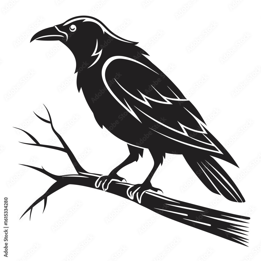 Fototapeta premium Vector illustrations of an eagle or crow on a branch, or a black eagle silhouette on a white background, highlight the wild beauty of these birds in nature