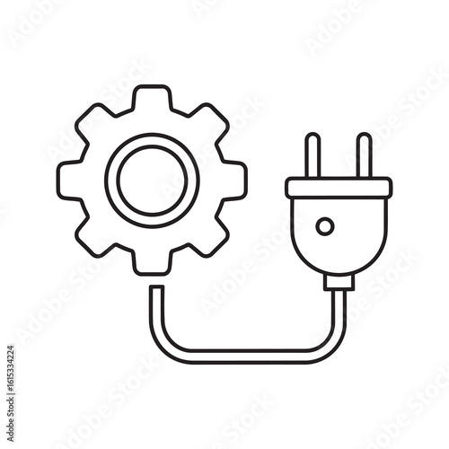 Power management icon with gear and electric plug representing energy consumption efficiency technology system settings and operational control line vector stroke