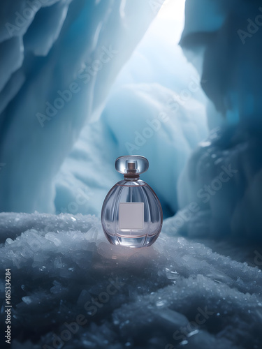 A perfume bottle sits on a snowy surface within a glacial ice cave, illuminated by ethereal light. Parfume bottle product display on ice background
