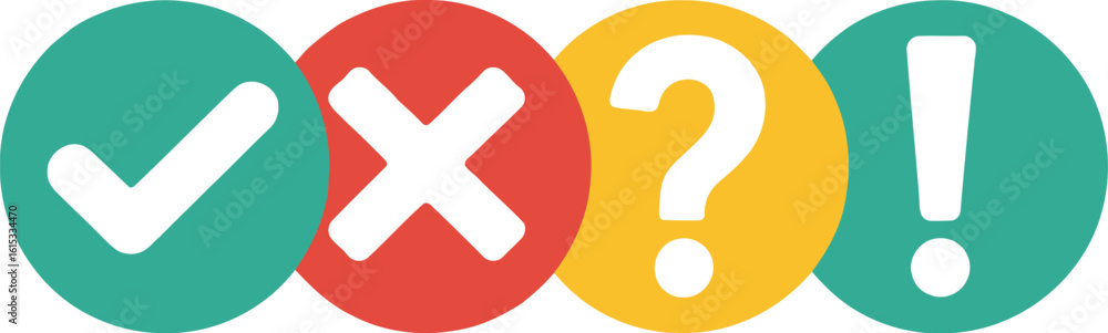 Fototapeta premium Checkmark X Question Exclamation Icons in Teal Red Yellow Circles on White
