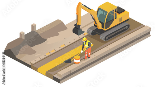 Isometric view of a construction site with excavator worker and trench visible in the scene image