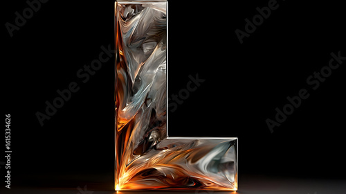 Capital letter L, stylized with flowing, marbled, and glowing, fiery effects