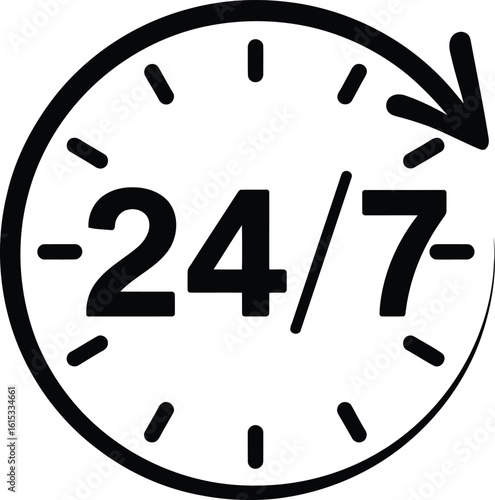 Clock Face Showing 24/7 Hours Icon with Arrow in Black on Transparent