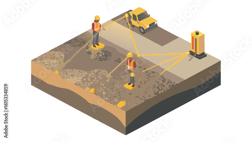 Isometric view of construction site with workers using surveying equipment and a yellow truck parked
