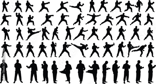 Martial arts silhouette collection, karate poses, fighting stances, kickboxing actions, male fighter training, black shadow vector set, self defense, workout, combat exercise template