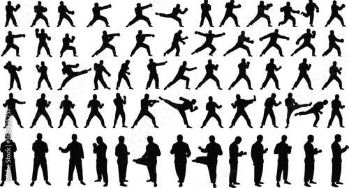 Martial arts silhouette collection, kickboxing poses, karate fighters, self defense action, combat training, men fighting stance, black vector shadow pack, athlete movement set
