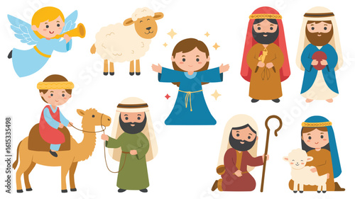 Nativity Cartoon Characters Depicting Baby Jesus, Three Kings, Shepherd, Sheep, Angel and Mary