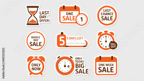 Orange Stickers Featuring Limited Time Offers, Sale Events, and Countdown Timers for Special Deals