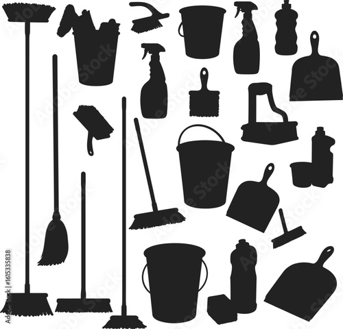 Cleaning tools and supplies collection black silhouettes household supplies brooms