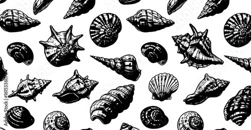 Hand drawn vector illustrations - seamless pattern of seashells. Marine background. Perfect for invitations, greeting cards, posters, prints, banners, flyers