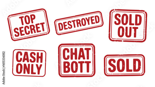 Red Rubber Stamp Icons Top Secret, Destroyed, Sold Out, Cash Only, Chat Bott, Sold