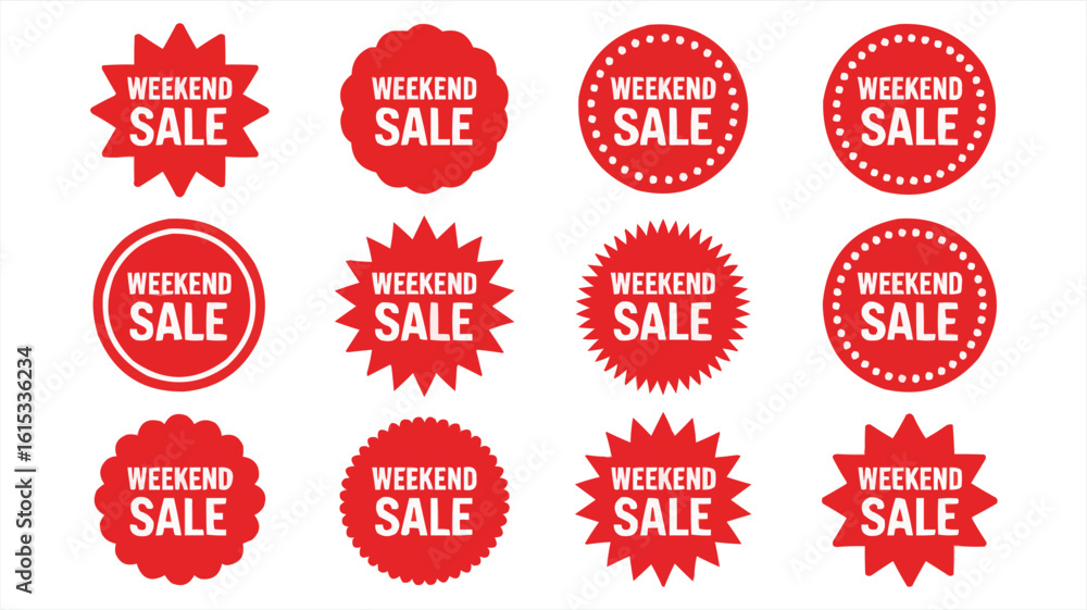 Obraz premium Red Weekend Sale Stickers with Various Shapes Starburst, Circle, Scalloped on White Background