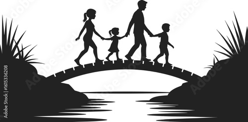 Family walking across bridge over water with grassy banks parents children