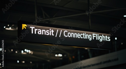 Sign indicating transit and connecting flights at an airport. The sign is illuminated and positioned in a busy terminal area.
